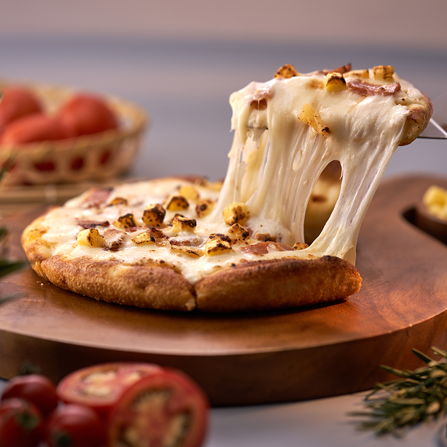 Cheesy Pizza On Wooden Board.